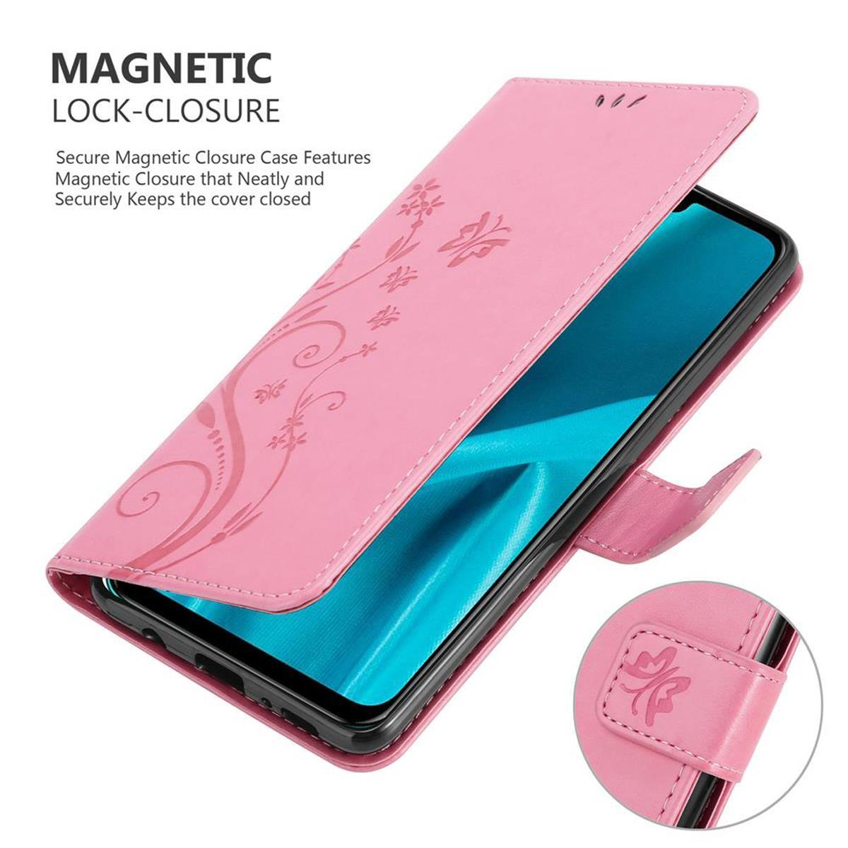 Funda rosa para teléfono abierta, mostrando la pantalla del teléfono con diseño turquesa y floral.