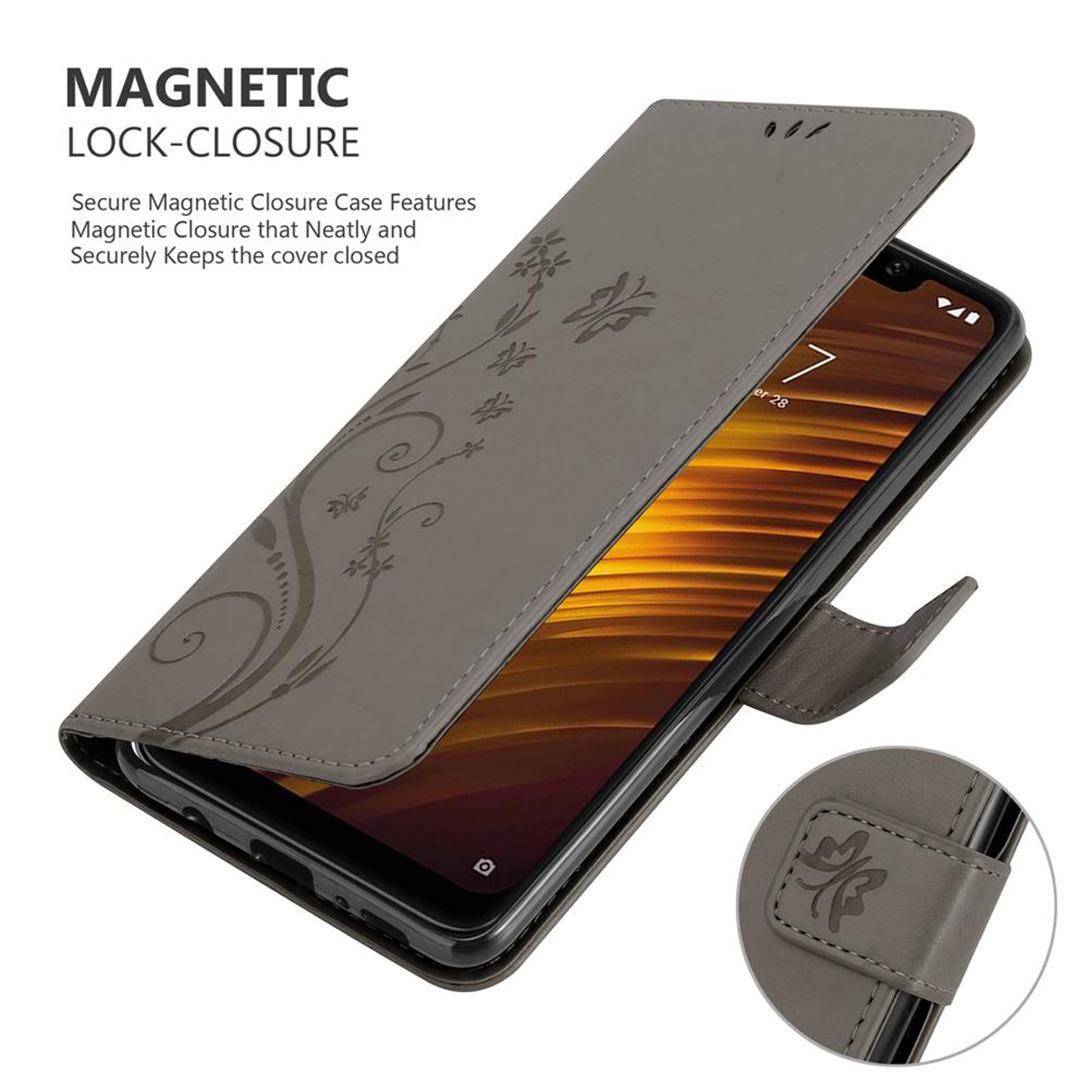 Custodia grigia aperta, mostra un telefono all'interno. Presenta un design floreale e chiusura magnetica.