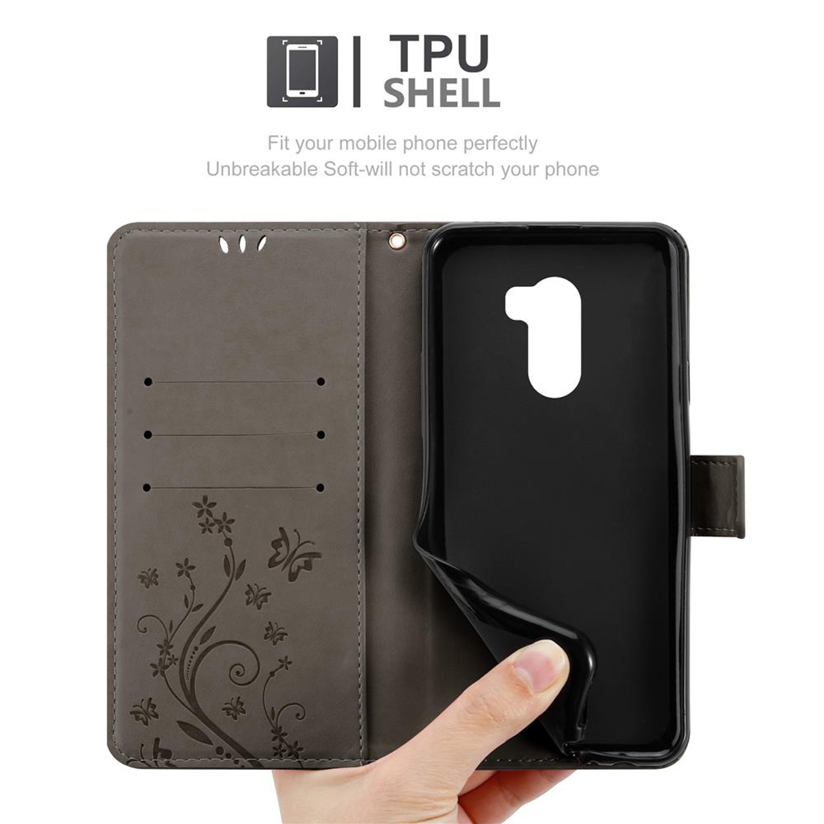 Custodia grigia con design a farfalle. Mano che tiene il telefono in una custodia nera.