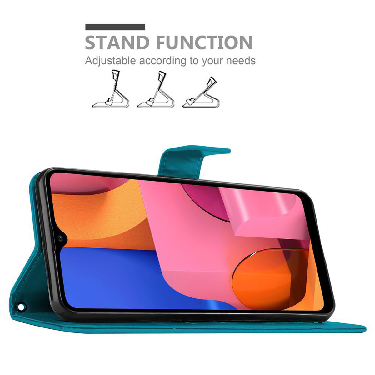 Un telefono in una custodia aperta color verde acqua, schermo visibile, che mostra la schermata iniziale con funzione stand.