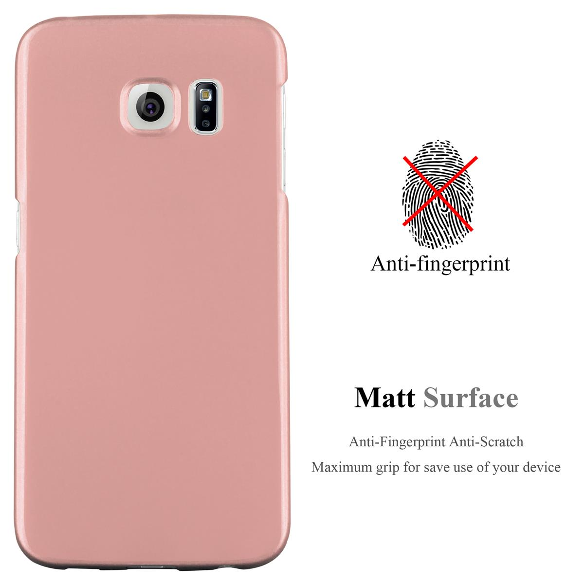 Rosa Telefonhülle auf weißem Hintergrund, mit Text über Anti-Fingerabdruck und matte Oberfläche.