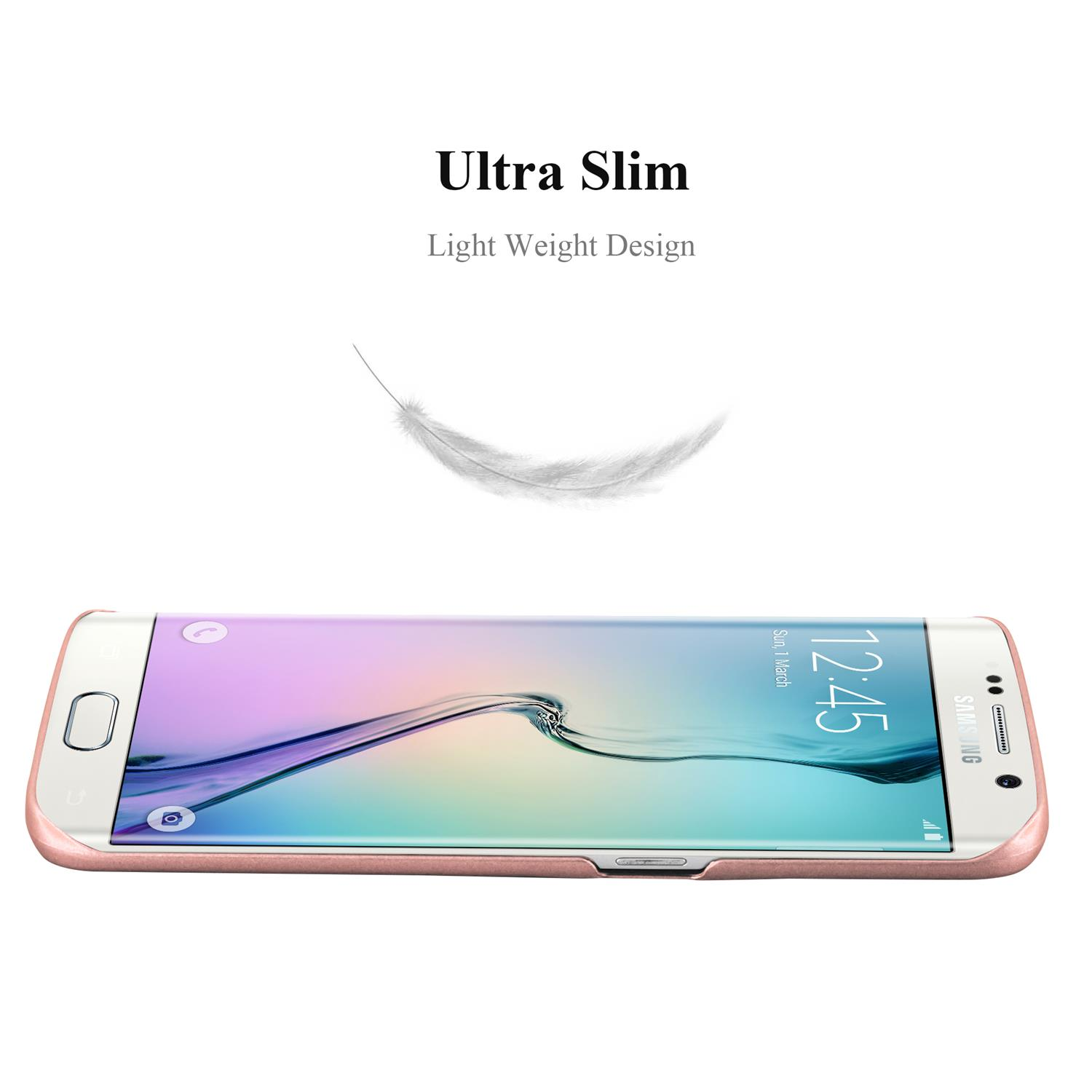 Ein Telefon befindet sich in einer rosafarbenen Hülle. Eine Feder schwebt über dem Telefon und betont das schlanke Design.