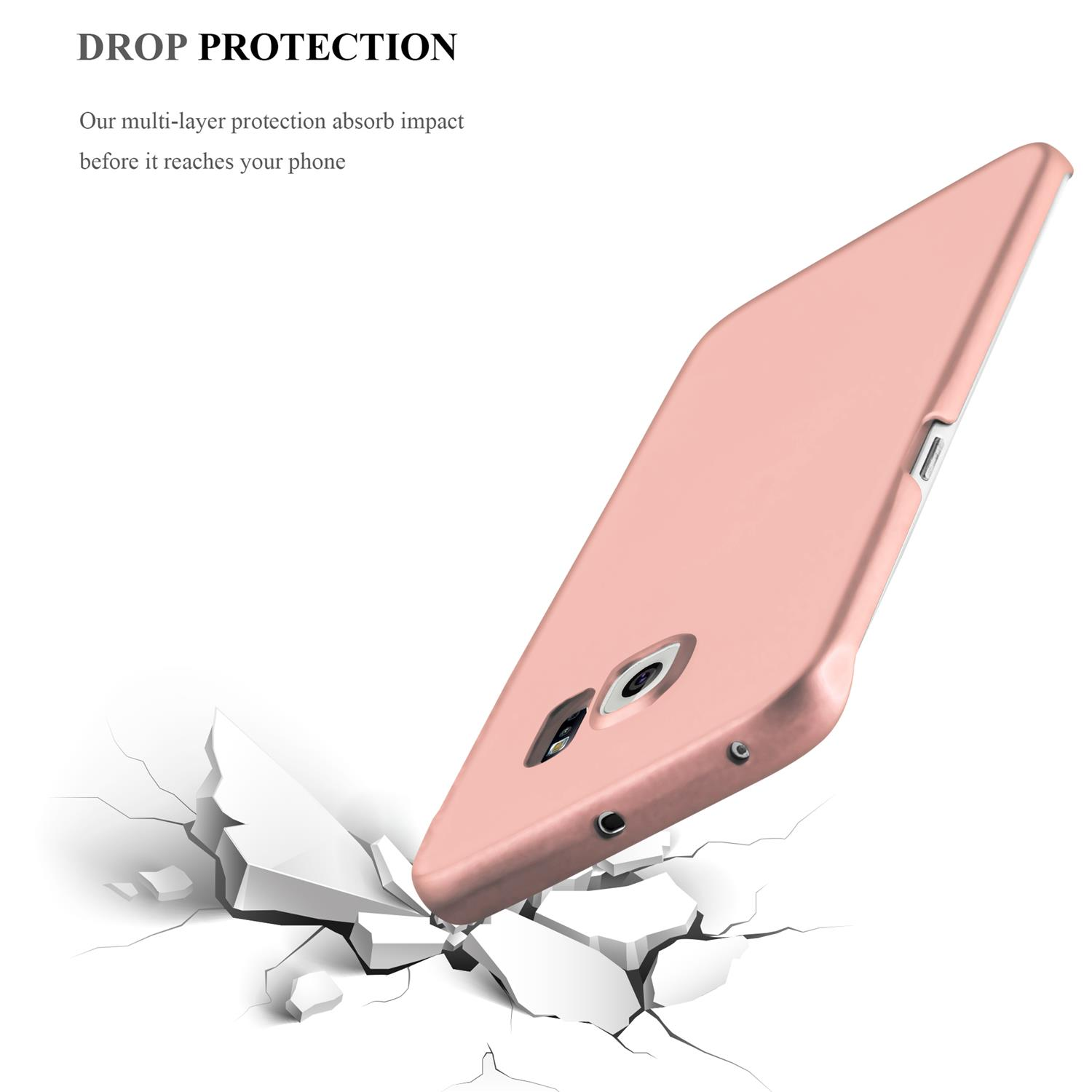 Rosa Handyhülle mit einem Telefon, kurz vorm Fallen. Der Text 'Drop Protection' ist sichtbar.