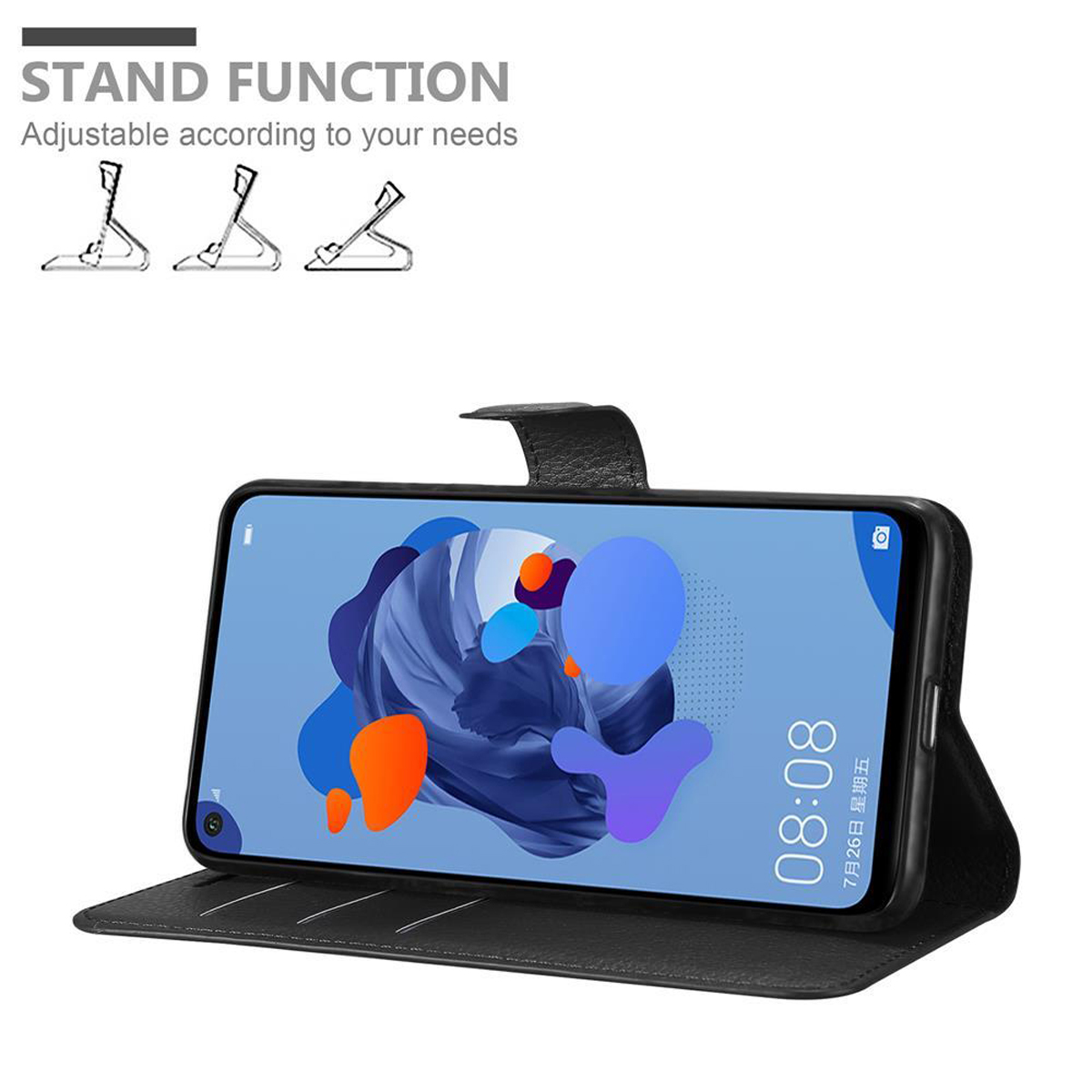 Schwarze Handyhülle im Standmodus, unterstützt ein Telefon, das einen bunten Bildschirm anzeigt.