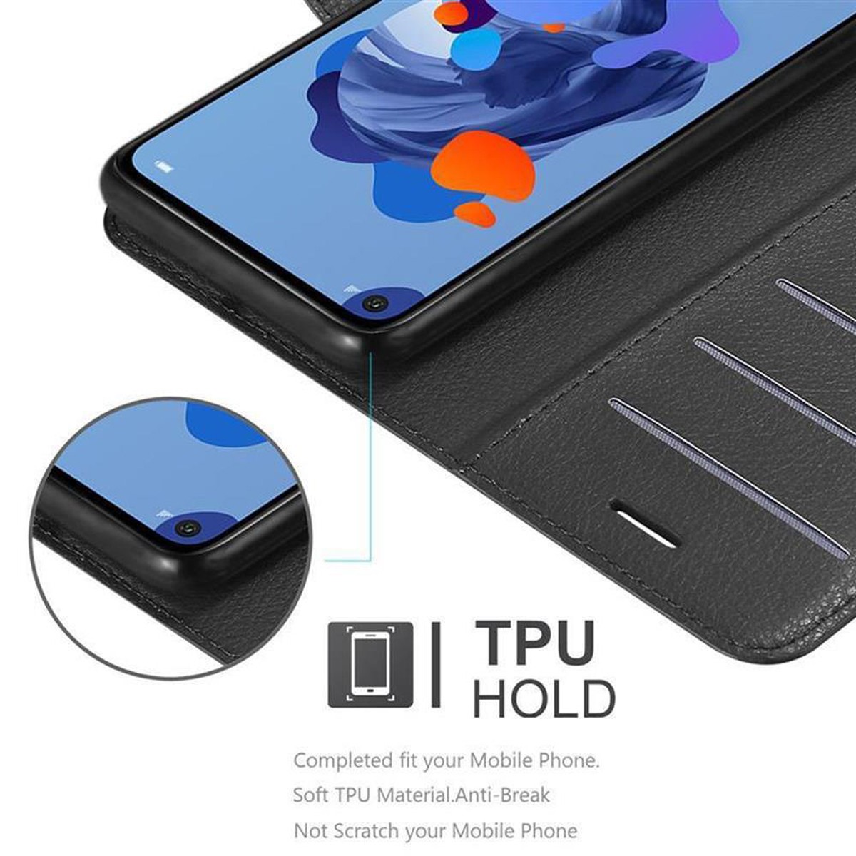 Schwarze Handyhülle mit sichtbarem Telefonbildschirm. TPU HOLD Text.