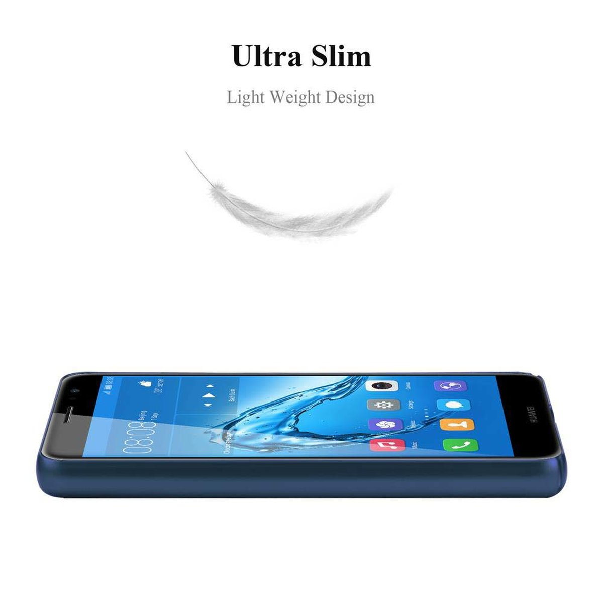 Telefono blu su sfondo bianco. Testo: Ultra sottile, design leggero. Piuma sopra il telefono.