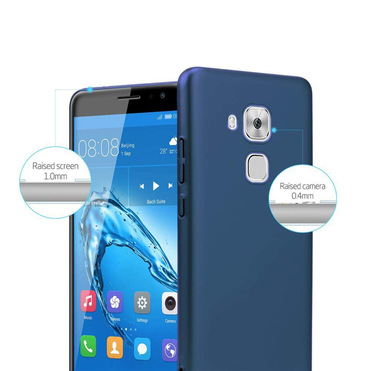 Un telefono blu con una custodia blu. Lo schermo mostra l'ora. Testo visibile.