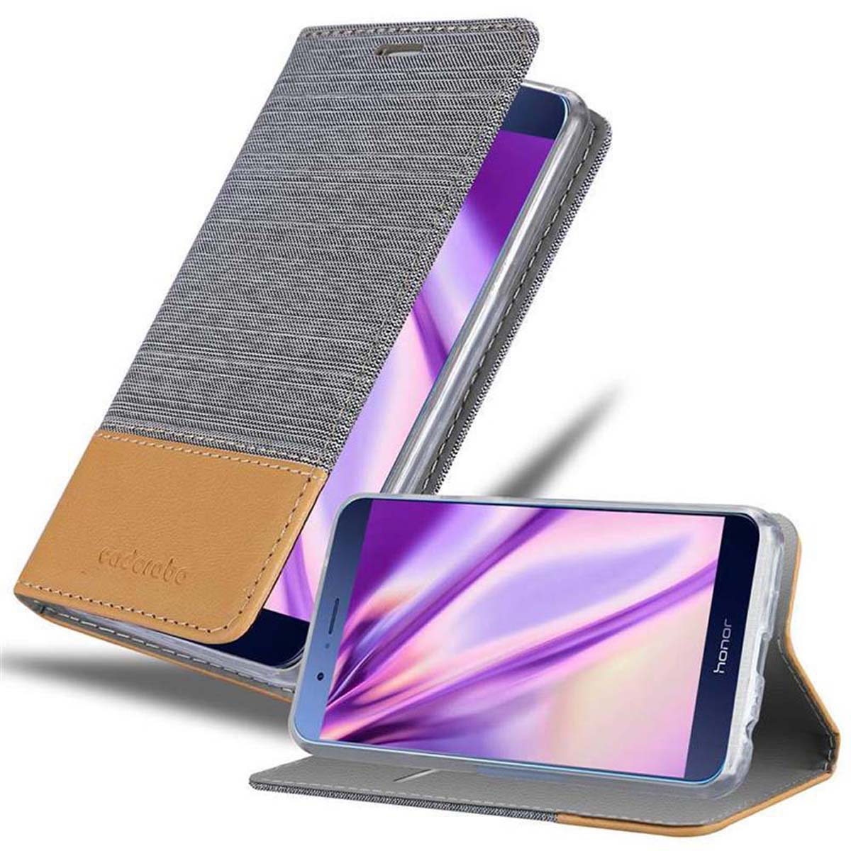 Custodia per telefono grigia e marrone chiaro, aperta che mostra un telefono con schermo colorato. Sfondo bianco.