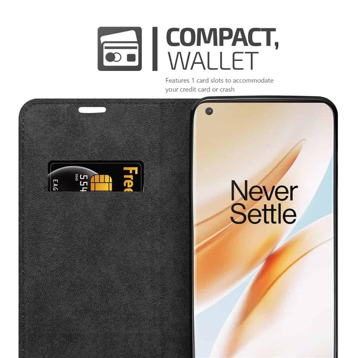 Custodia per telefono nera con uno slot per schede e una scheda all'interno. Il telefono mostra Never Settle. Una scheda SIM è visibile.