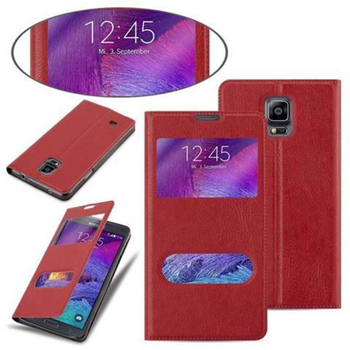 Custodia rossa, varie viste. Mostra un telefono all'interno, con una finestra. Vengono mostrate più custodie.