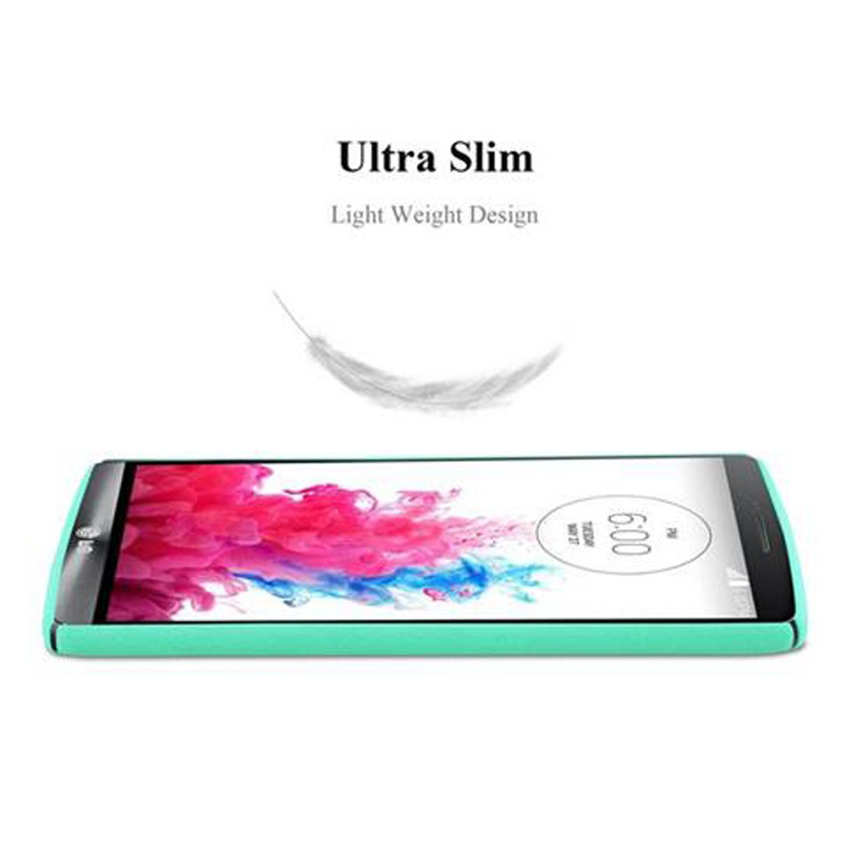 Mintgrünes Telefon, Seitenansicht. Text: Ultra Slim. Eine Feder schwebt über dem Telefon.