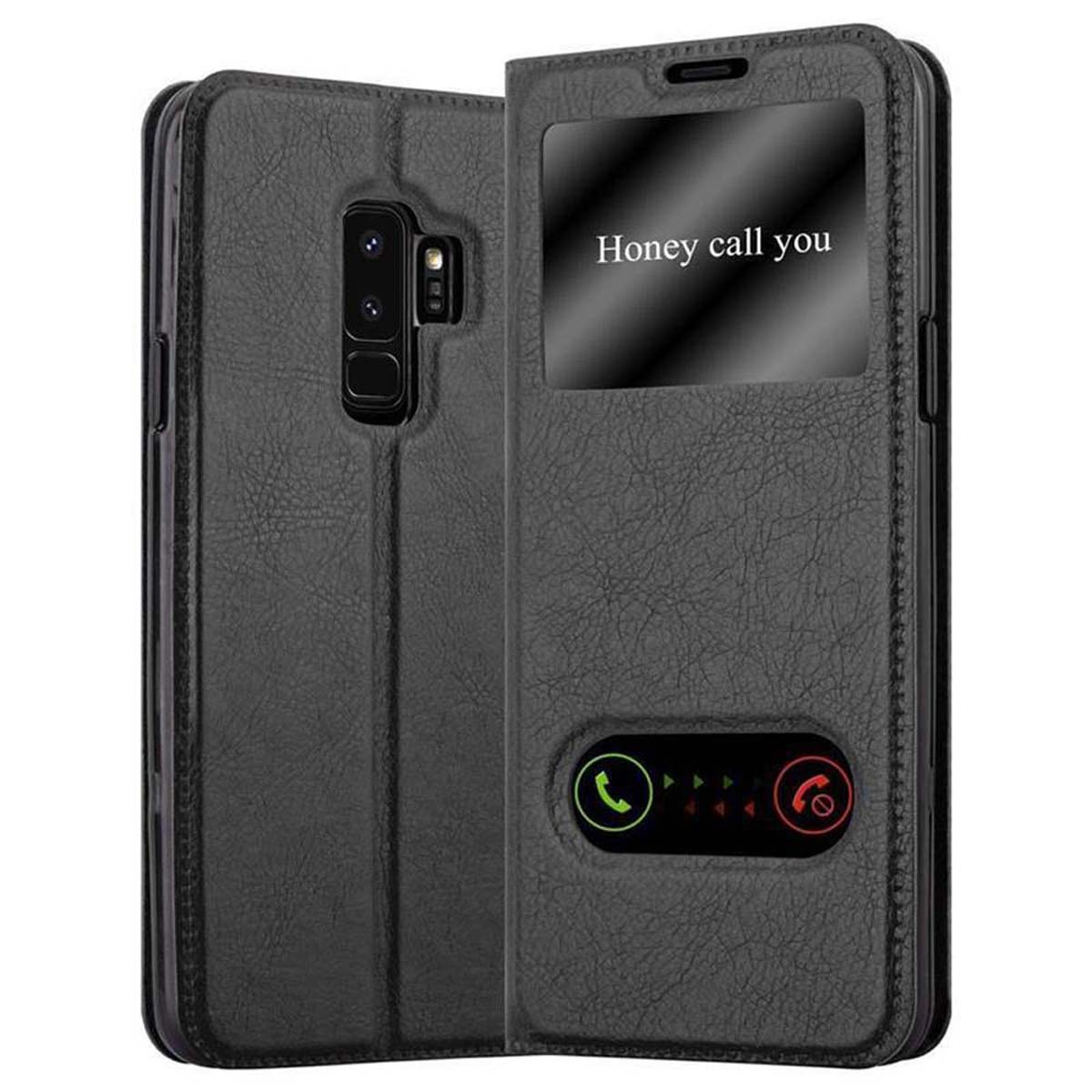 Schwarze Handyhülle mit Bildschirm, der 'Honey call you' anzeigt. Telefon und Bildschirm sind sichtbar.