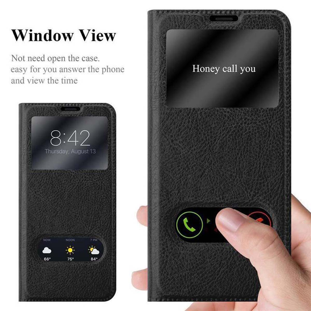 Schwarze Handyhülle mit Fenster, das die Uhrzeit und die Worte 'Honey call you' zeigt.