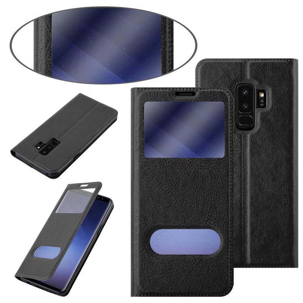 Schwarze Handyhülle mit transparentem Cover, das ein Telefon im Inneren zeigt. Drei Ansichten.
