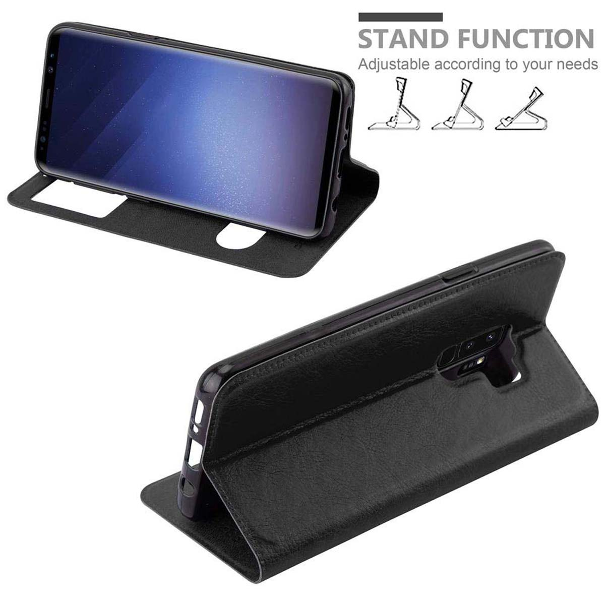 Schwarze Handyhülle mit Standfunktion. Telefon in der Hülle wird in mehreren Positionen angezeigt.