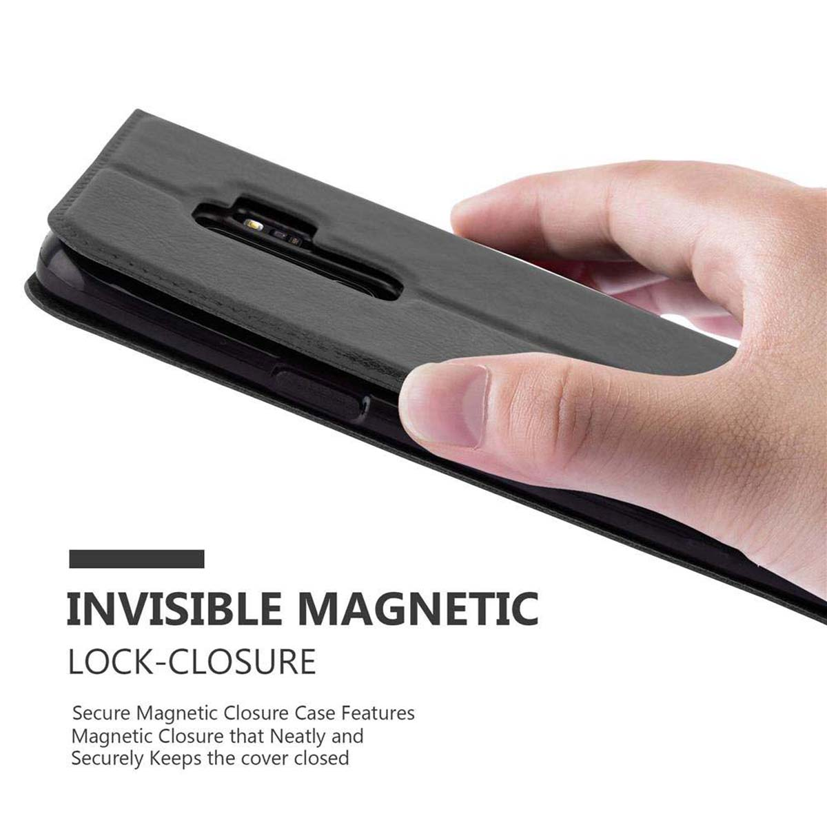 Hand hält schwarze Handyhülle offen. Text: „INVISIBLE MAGNETIC LOCK-CLOSURE“.