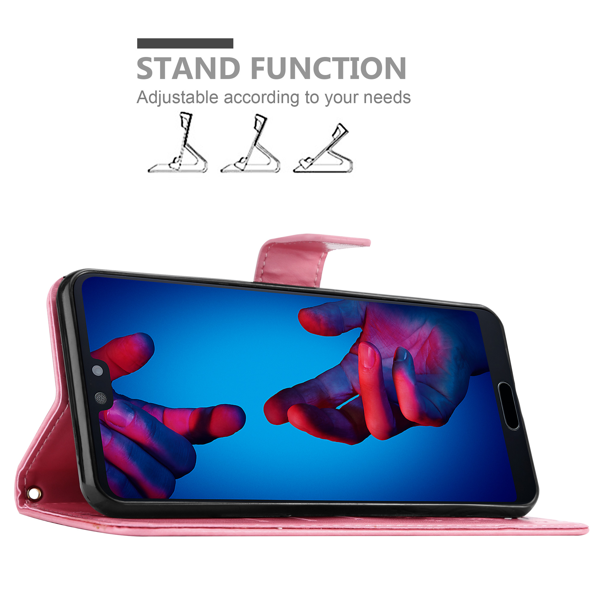 Custodia rosa con telefono all'interno. Il telefono mostra un'immagine colorata. La funzione di supporto è regolabile.