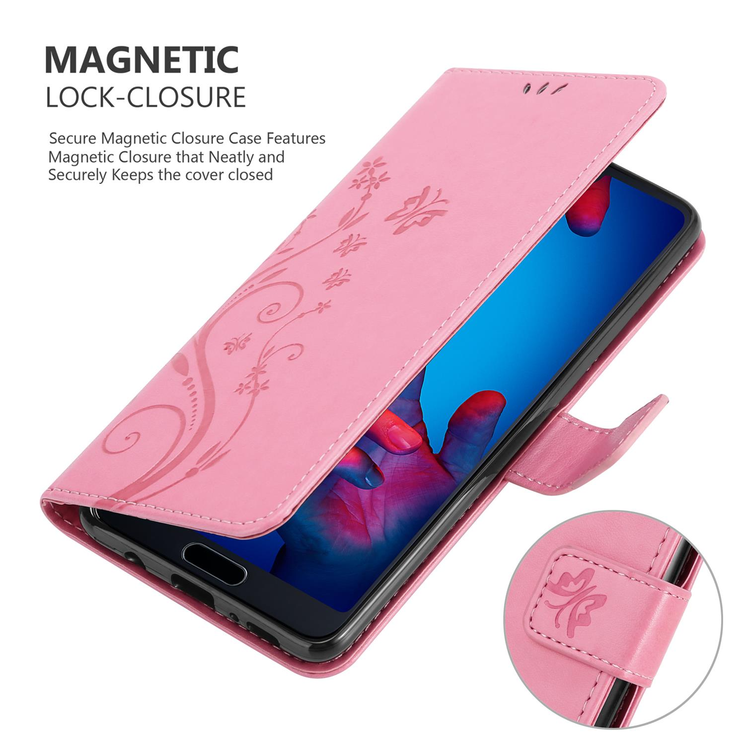 Custodia per telefono rosa, aperta. Il telefono è visibile e mostra lo schermo. Design floreale, sfondo bianco.