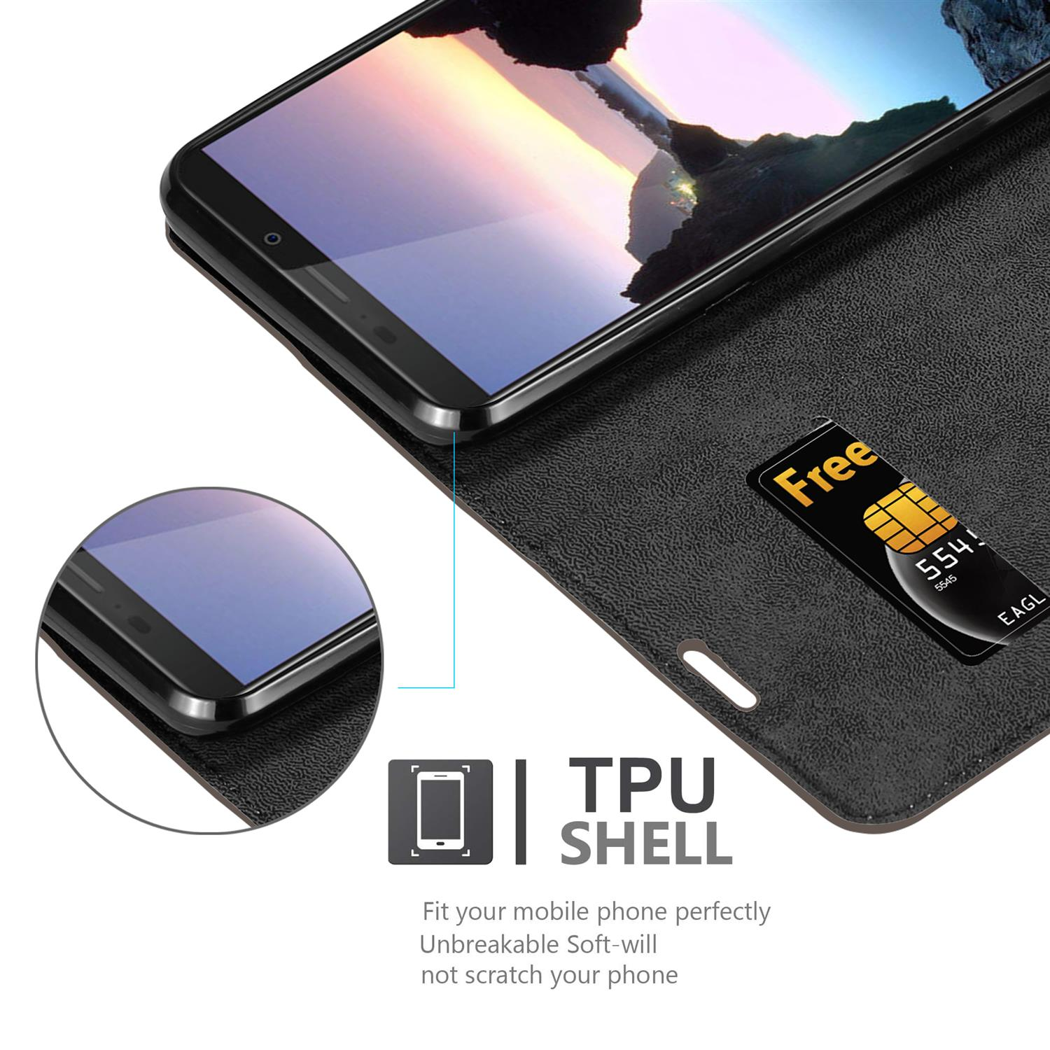 Nahaufnahme des Telefons in schwarzem Gehäuse. Text: TPU SHELL, passt perfekt, unzerbrechlich weich, kratzt nicht.