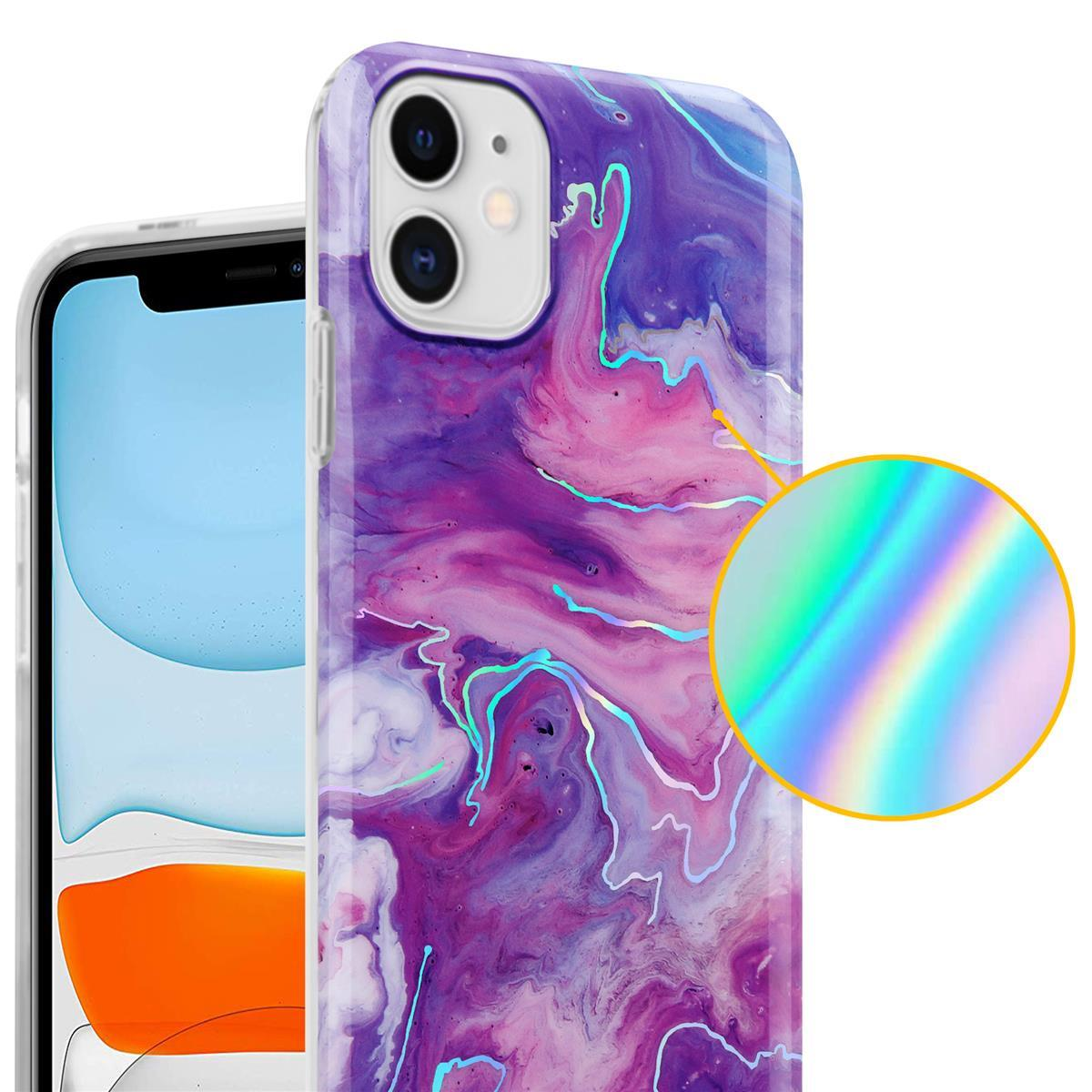 Custodia per telefono con un design colorato. Il telefono è visibile. Un primo piano mostra i dettagli e il lato della custodia.