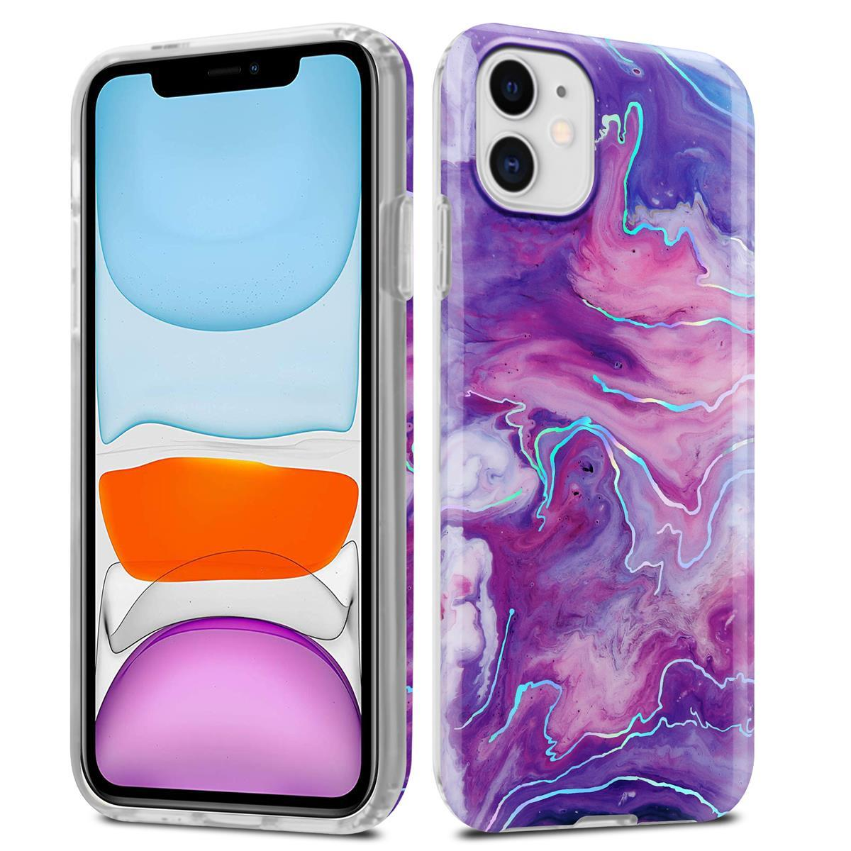 Due telefoni in custodie con un design marmorizzato. Colori viola e bianco.