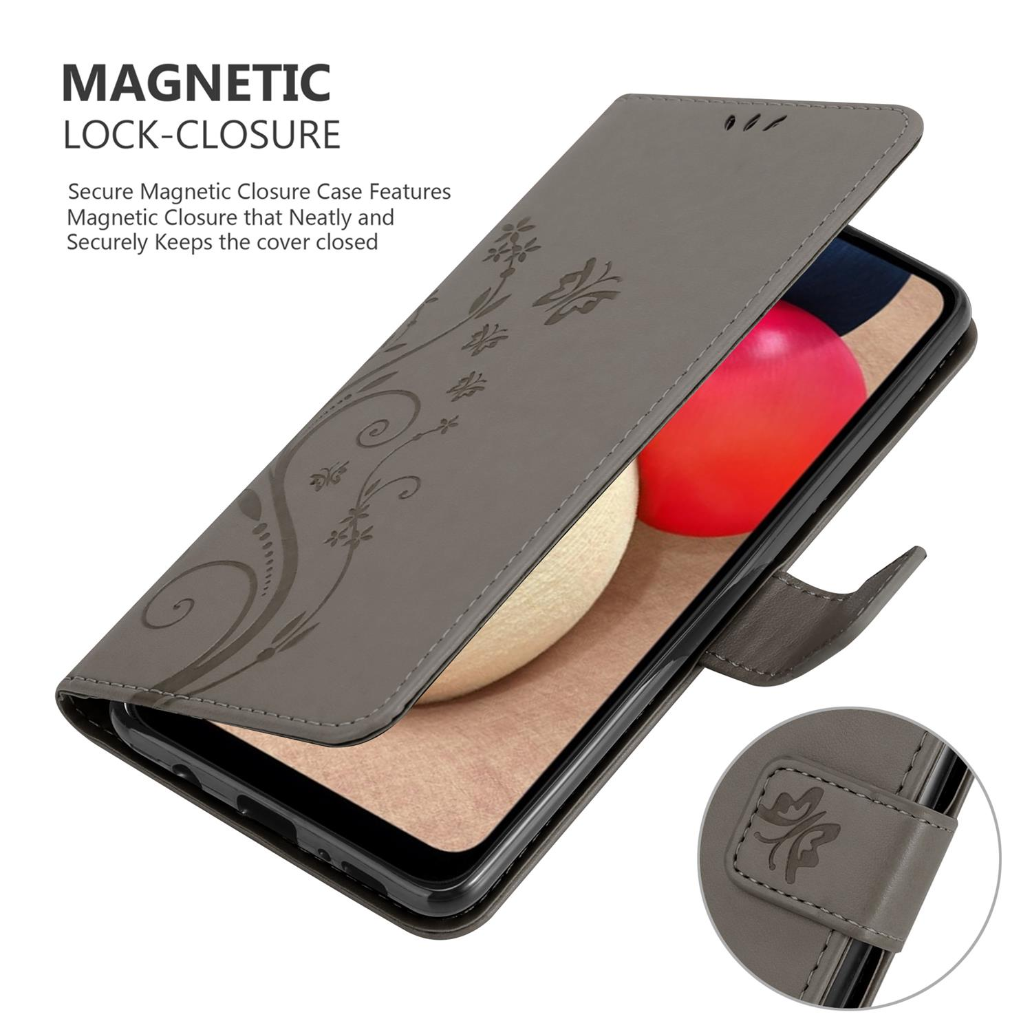 Custodia grigia, aperta che mostra un telefono e un design floreale.