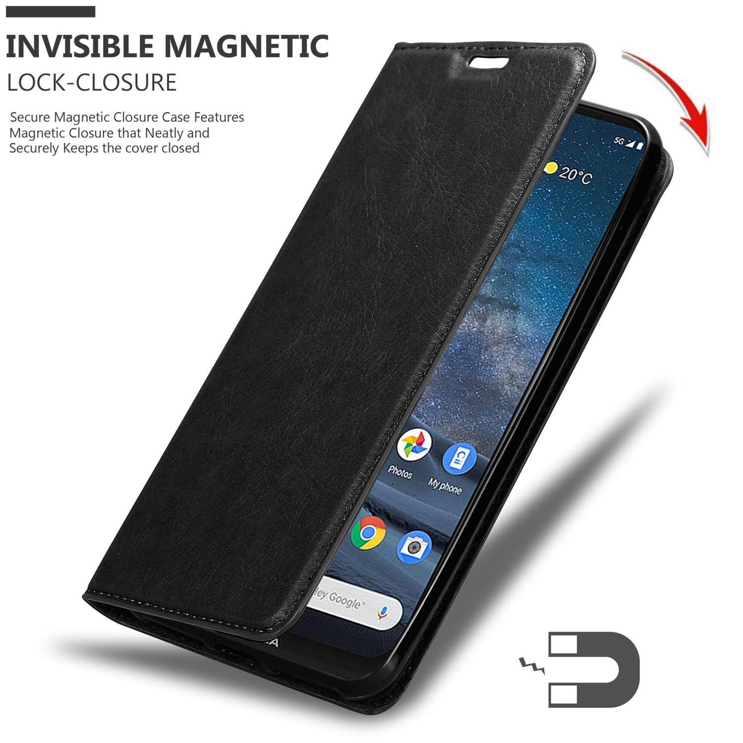 Custodia per telefono nera, aperta, con telefono all'interno. Testo: 'INVISIBLE MAGNETIC LOCK-CLOSURE'. Schermo visibile.