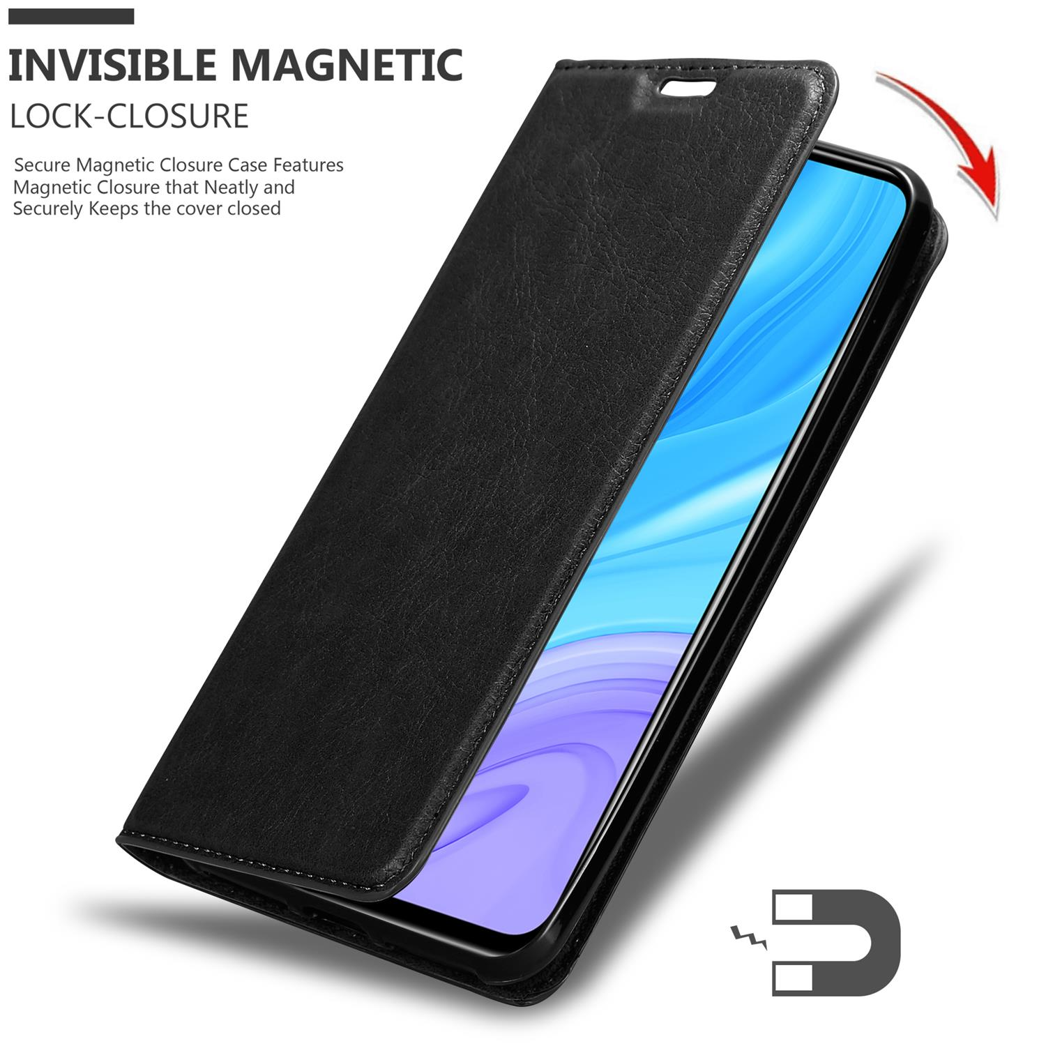 Schwarze Handyhülle offen, mit Telefon. Text: Invisible Magnetic Lock-closure.
