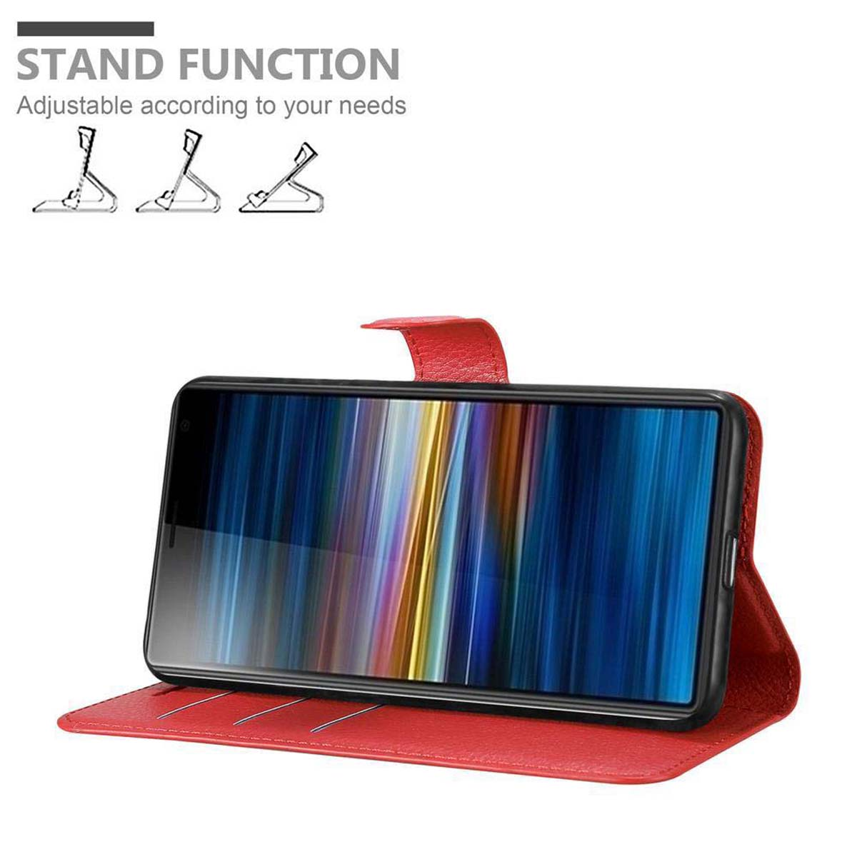 Custodia rossa con telefono dentro. Testo e diagrammi funzione supporto sullo sfondo.