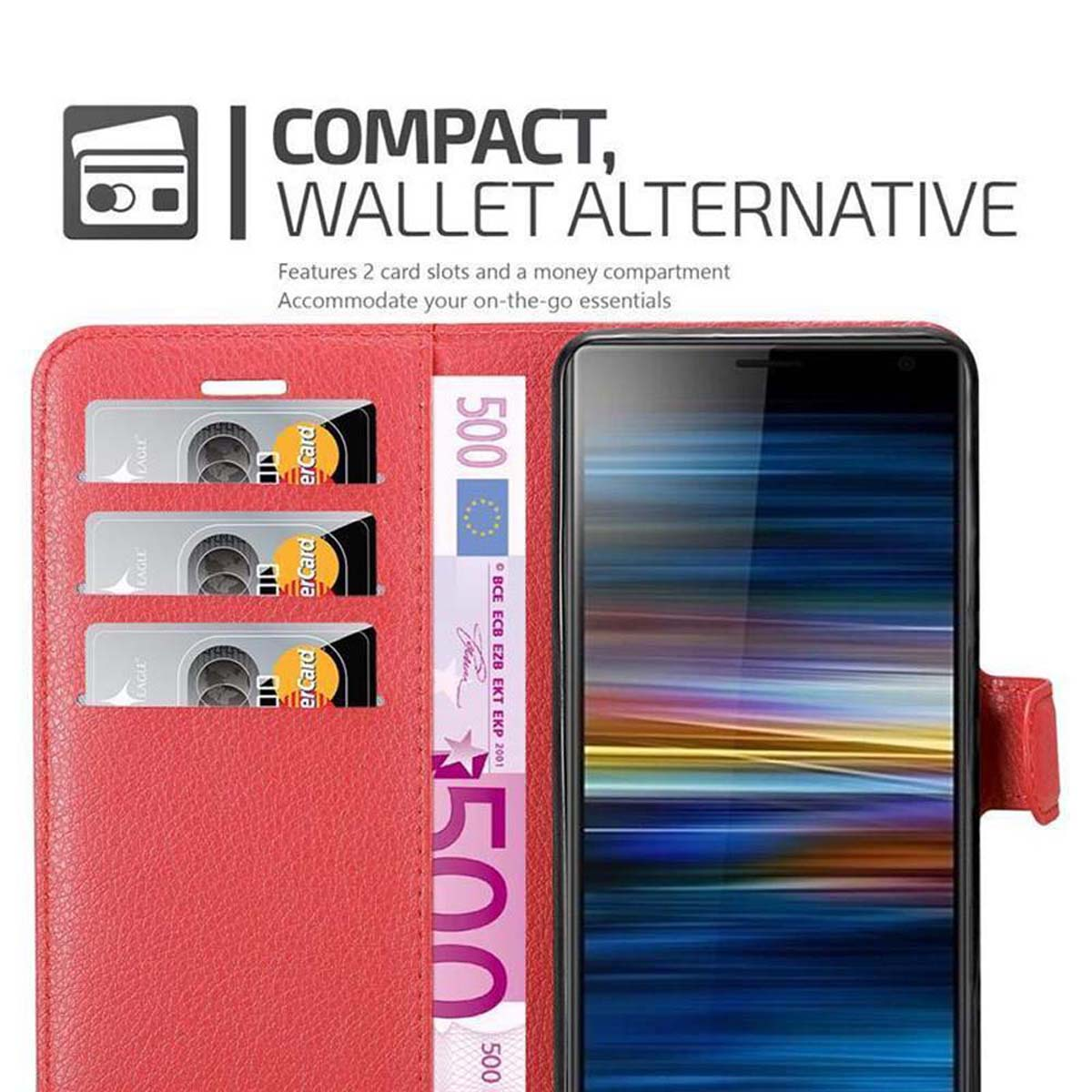 Custodia per telefono rossa aperta, con carte e denaro all'interno. Testo: 'COMPATTO, ALTERNATIVA AL PORTAFOGLIO'.