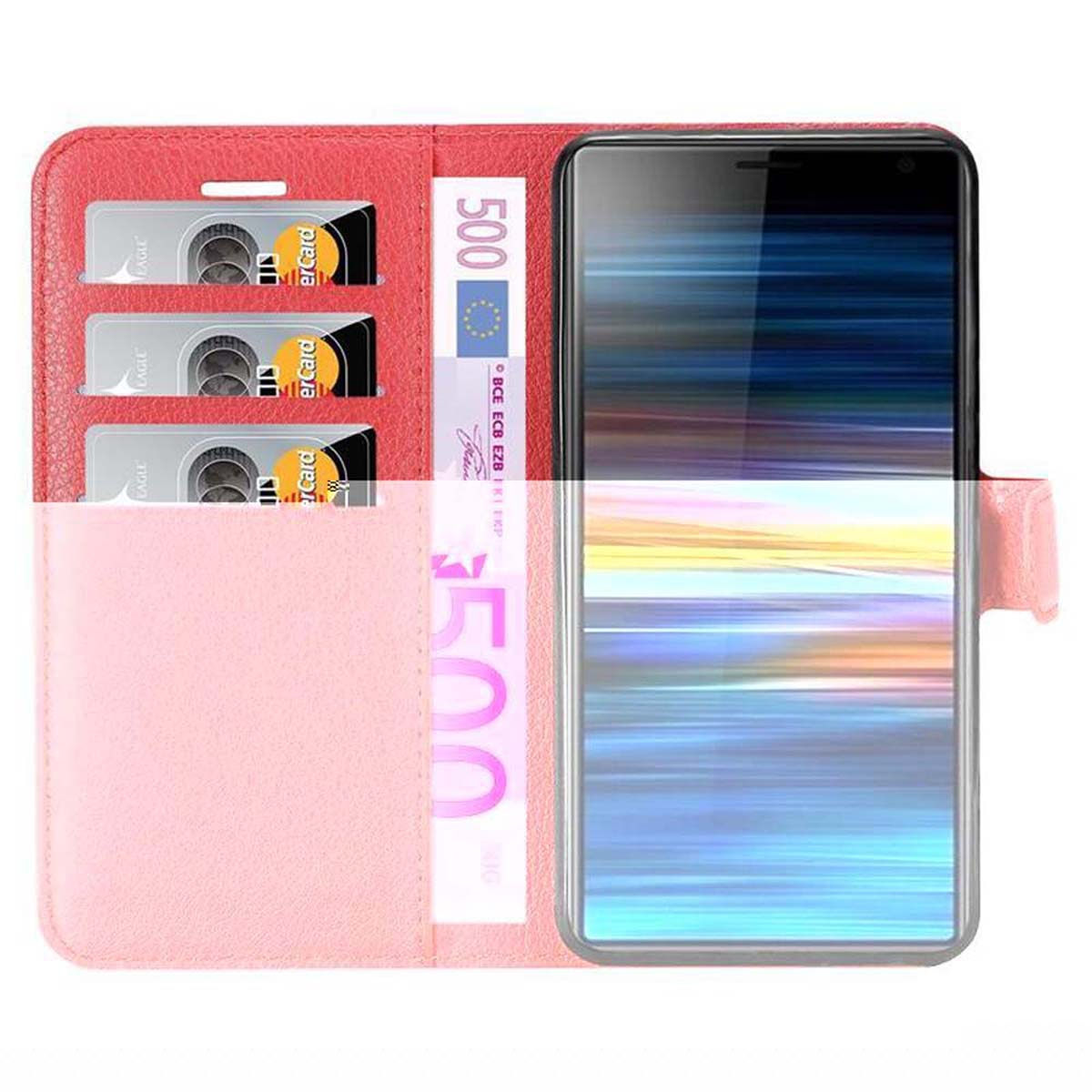 Una custodia a portafoglio rosa con un telefono all'interno e carte di credito. Il telefono e le carte sono visibili.
