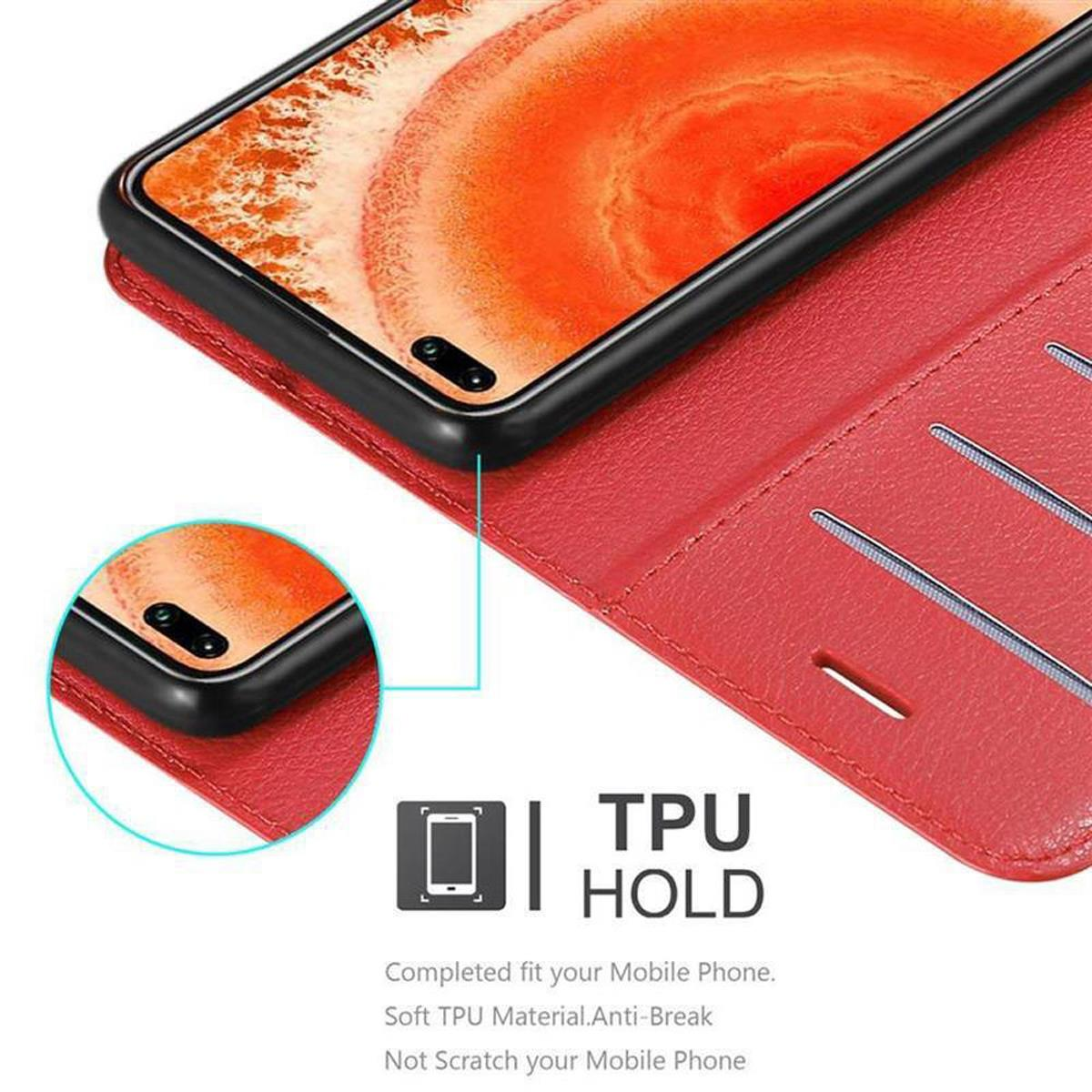 Eine rote Handyhülle mit einem schwarzen Telefon darin. Text: TPU HOLD. Telefon ist in der Hülle.