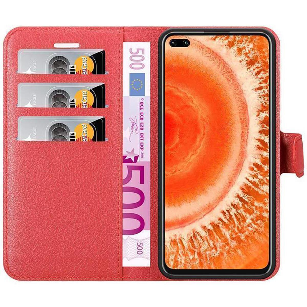 Rote Handyhülle mit Karten und Geld. Das Telefon ist sichtbar.