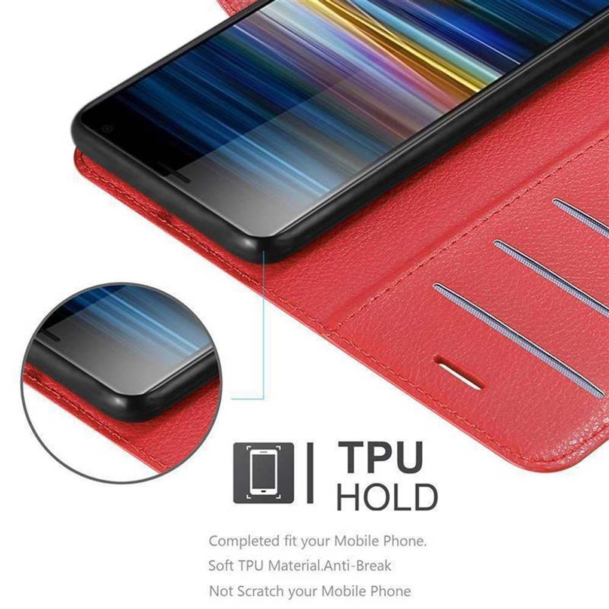 Custodia per telefono rossa, aperta. Telefono all'interno, con schermo visibile. La custodia ha un'etichetta TPU HOLD.