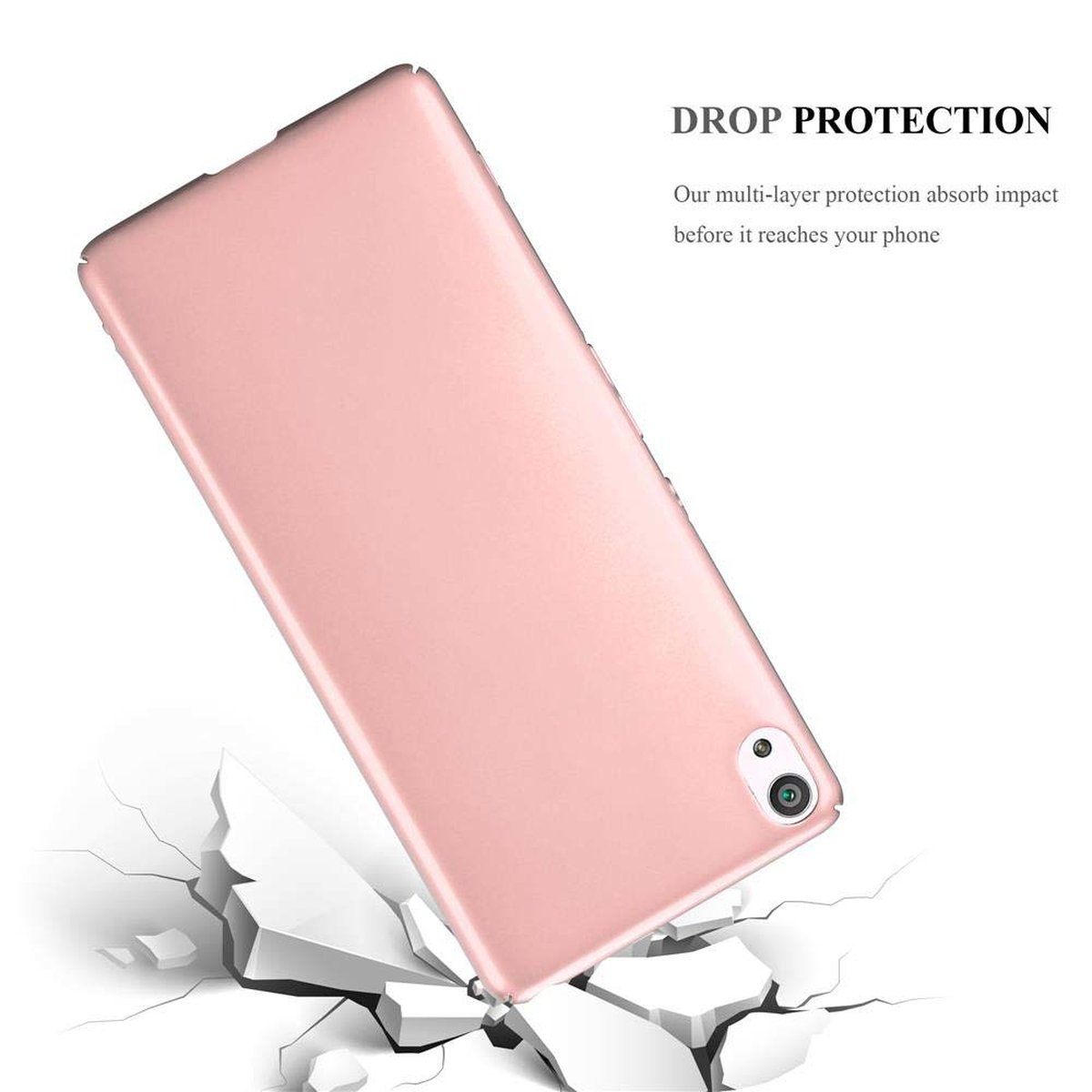 Funda rosa cayendo sobre una superficie agrietada, con texto 'DROP PROTECTION'.