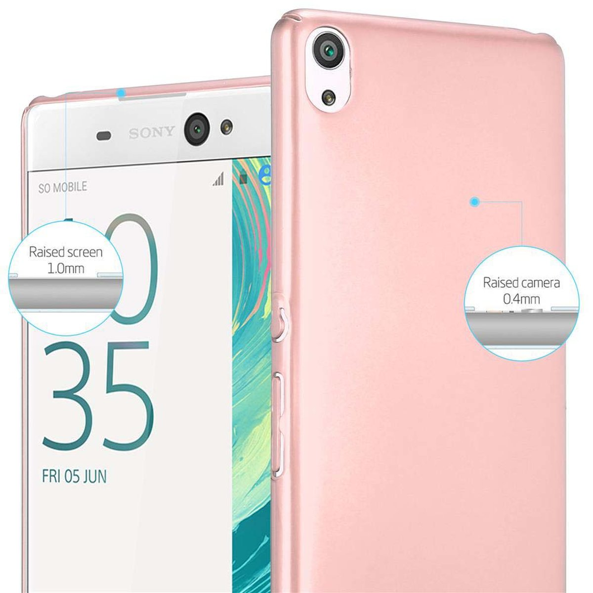 Funda y teléfono rosas. La funda tiene protección de pantalla y cámara elevadas. Detalles se muestran en círculos.