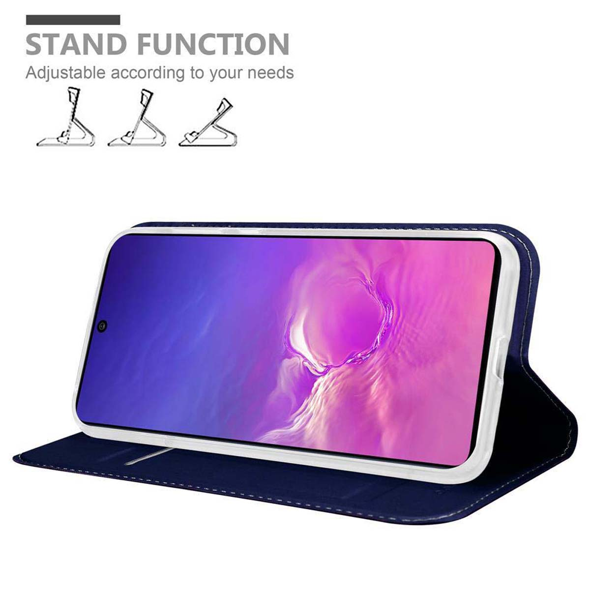Telefono in custodia blu, aperto per mostrare lo schermo. Testo: funzione supporto, regolabile in base alle tue esigenze.
