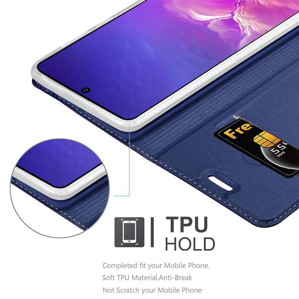 Custodia blu per telefono con telefono all'interno e carta. Mostra la carta Fre.