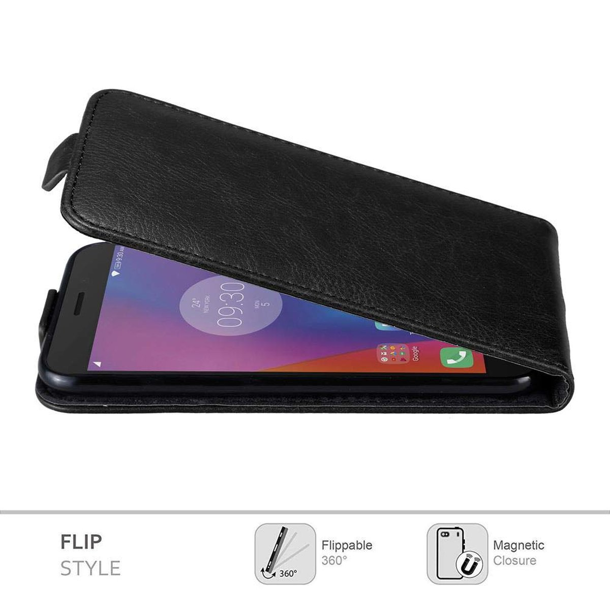 Schwarze Handyhülle geöffnet, mit einem Telefon darin. Der Text 'Flip Style' und Symbole werden angezeigt.