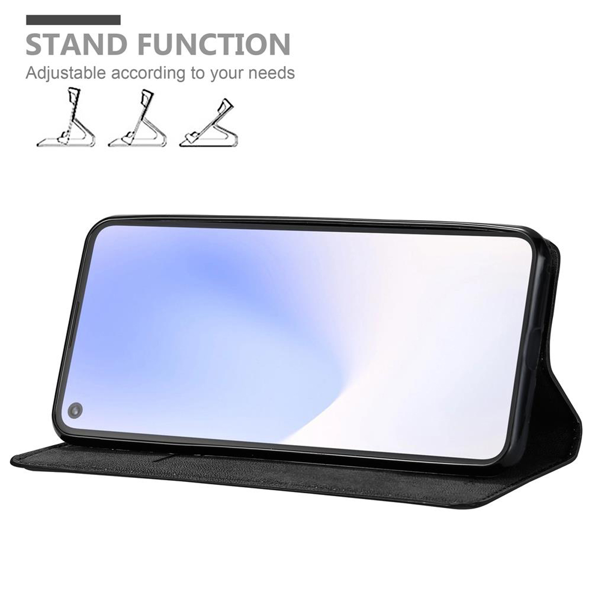 Custodia per telefono nera aperta. Viene visualizzato uno schermo del telefono con una sfumatura blu e bianca.