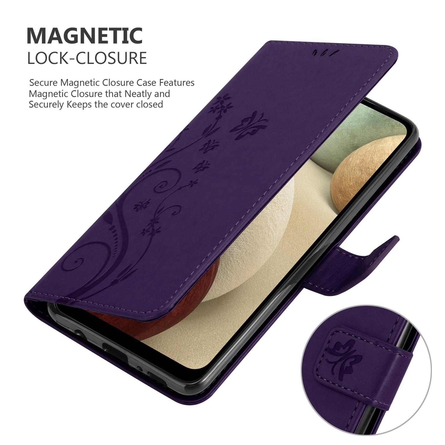 Una custodia per telefono viola con un telefono all'interno. Ha una chiusura magnetica e un design floreale sul davanti.