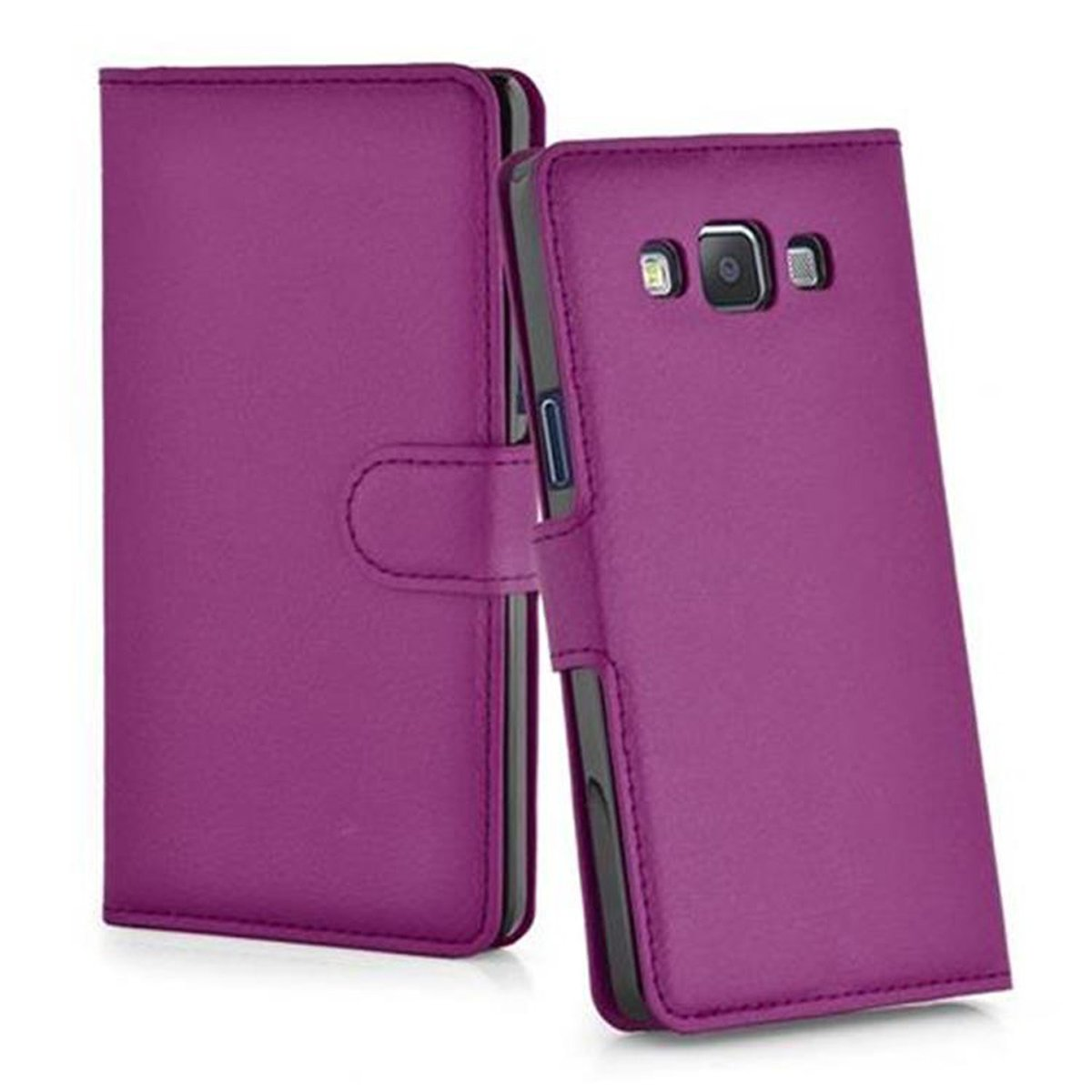 Custodia viola per telefono, chiusa, con chiusura a bottone.