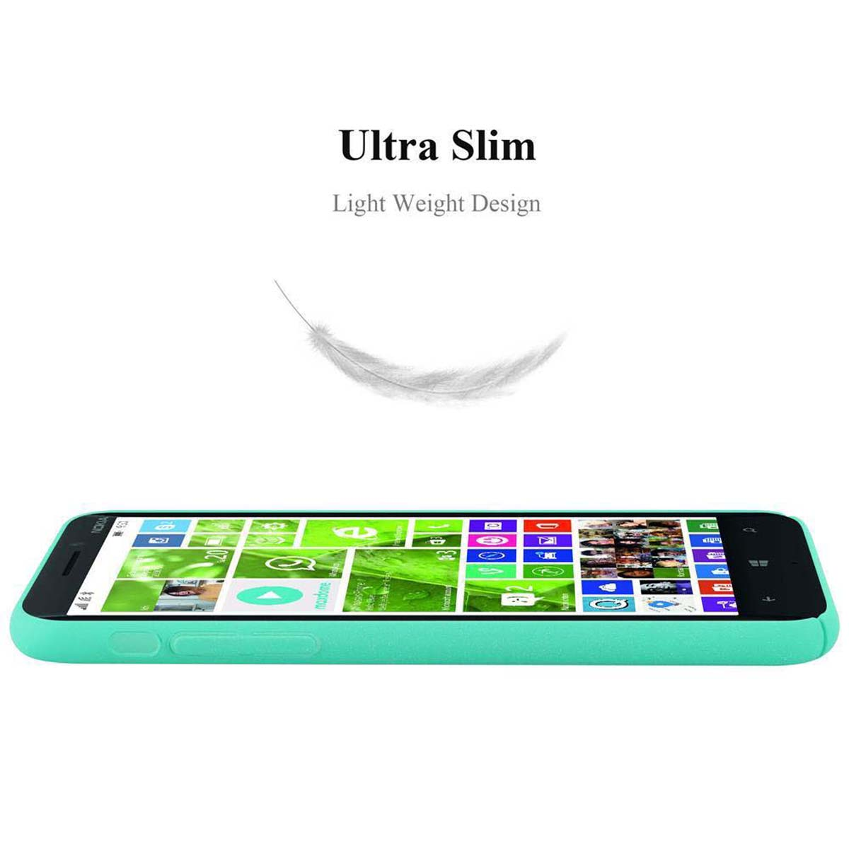Türkisfarbene Handyhülle mit Telefon, Text 'Ultra Slim' und Feder darüber.