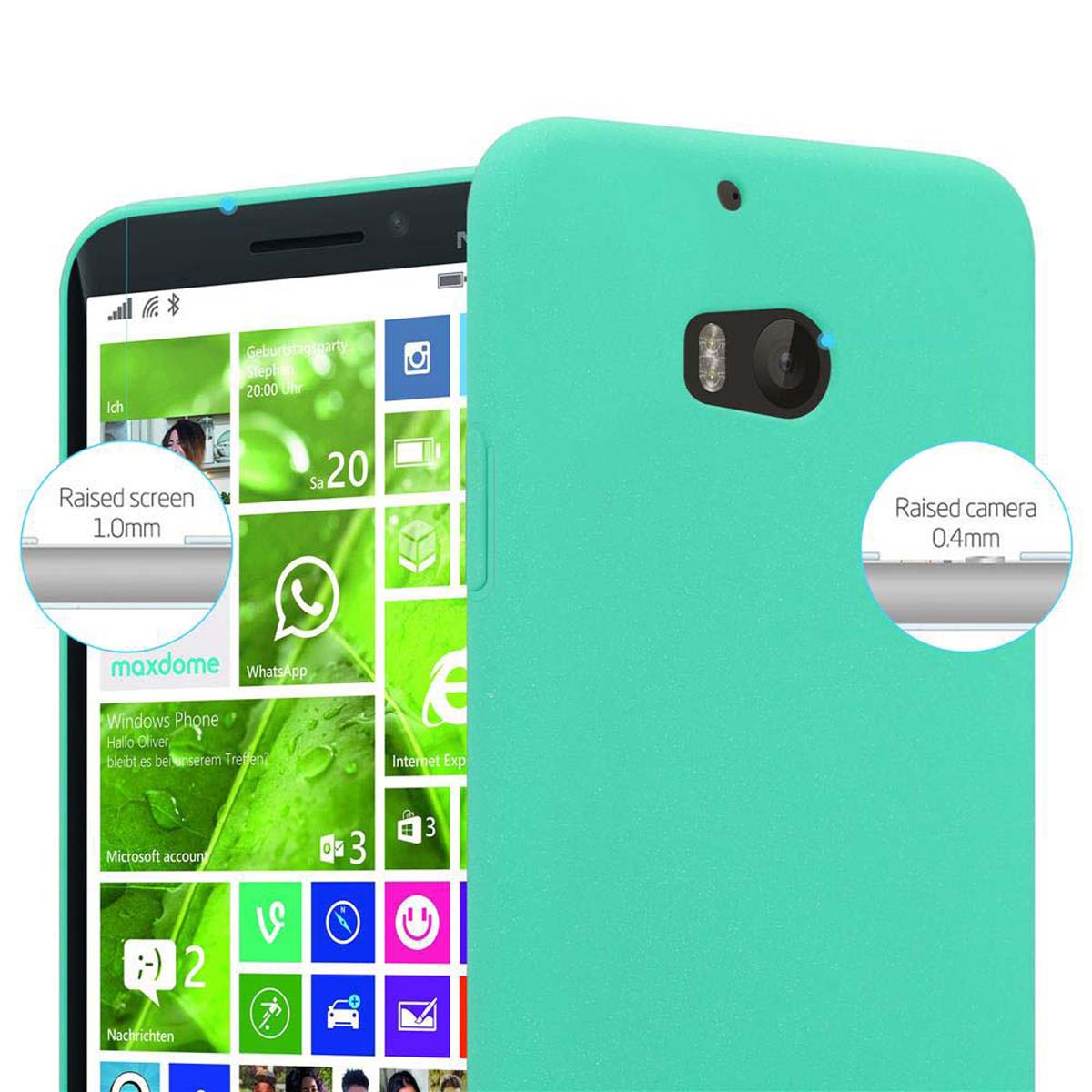 Türkisfarbene Handyhülle auf einem Telefon. Text zeigt Erhöhter Bildschirm 1,0 mm und Erhöhte Kamera 0,4 mm. Telefonbildschirm sichtbar.