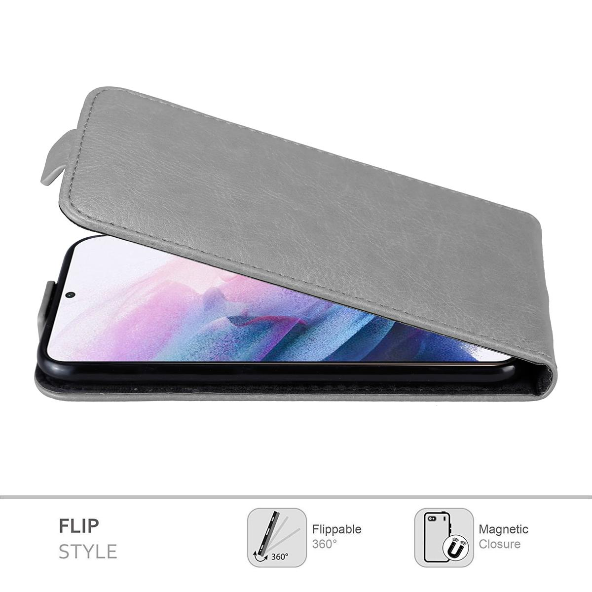 Graue Handyhülle, geöffnet, zeigt ein Telefon. Das Telefon zeigt einen blau-violetten Farbverlauf.