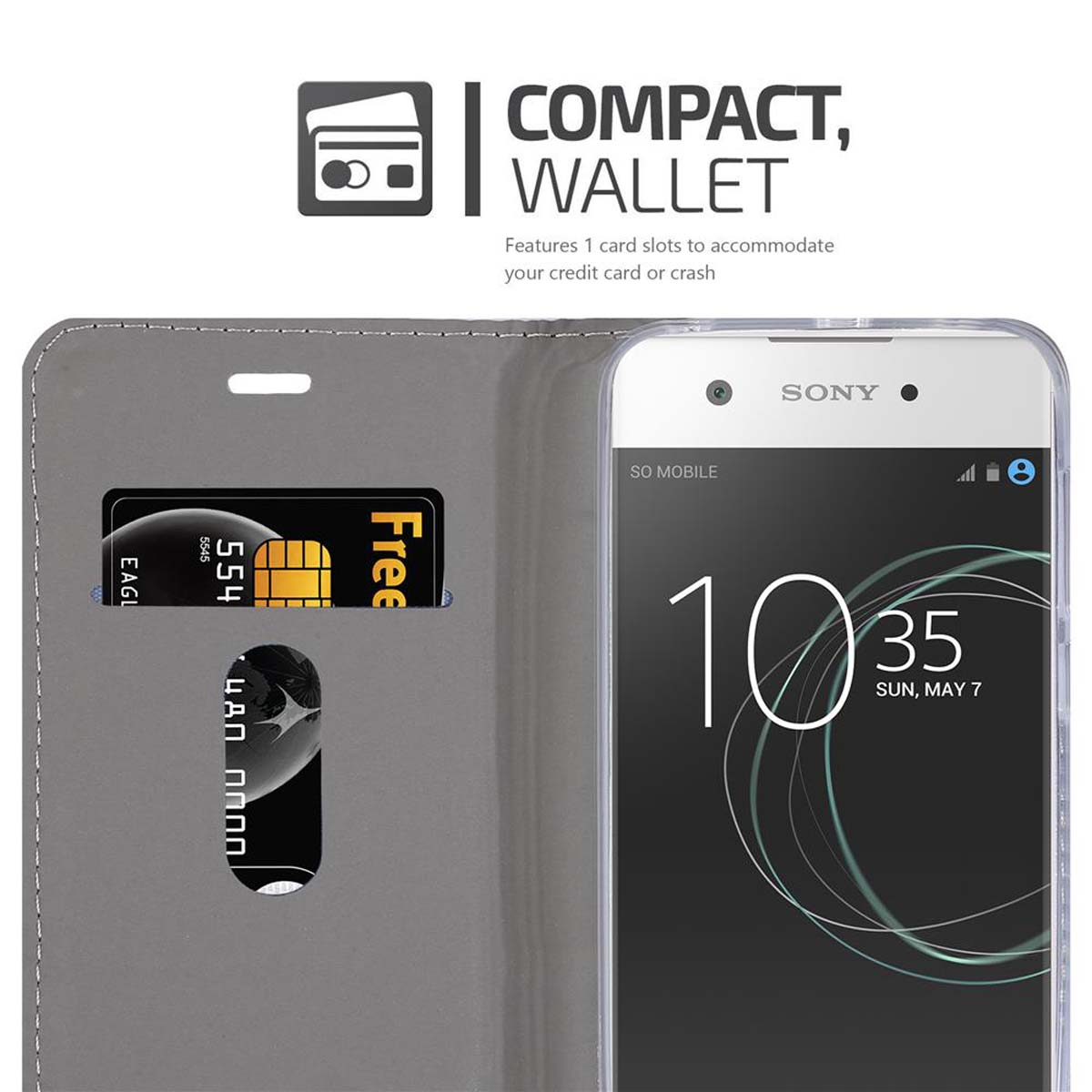 Custodia a portafoglio grigia con fessura per carte, carta di credito e smartphone Sony bianco.
