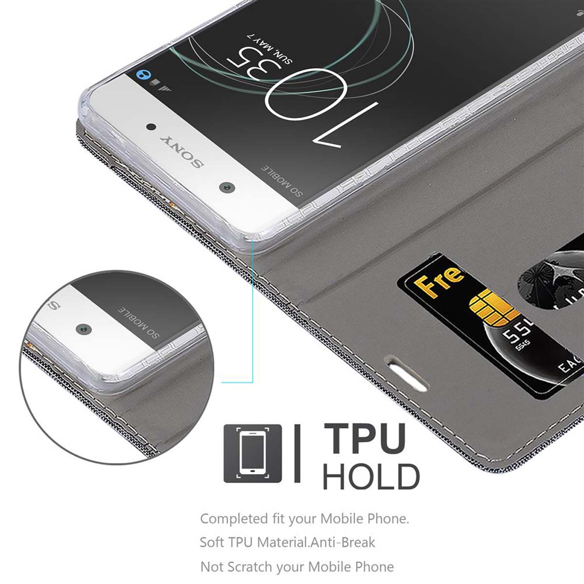 Un telefono in una custodia trasparente con una carta di credito. La custodia ha un supporto in tpu.