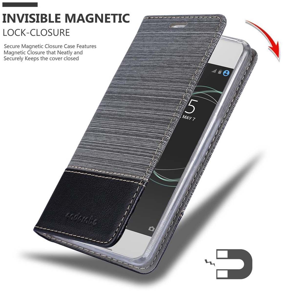 Un telefono in una custodia in denim con patta aperta, che mostra lo schermo. È presente una chiusura magnetica.