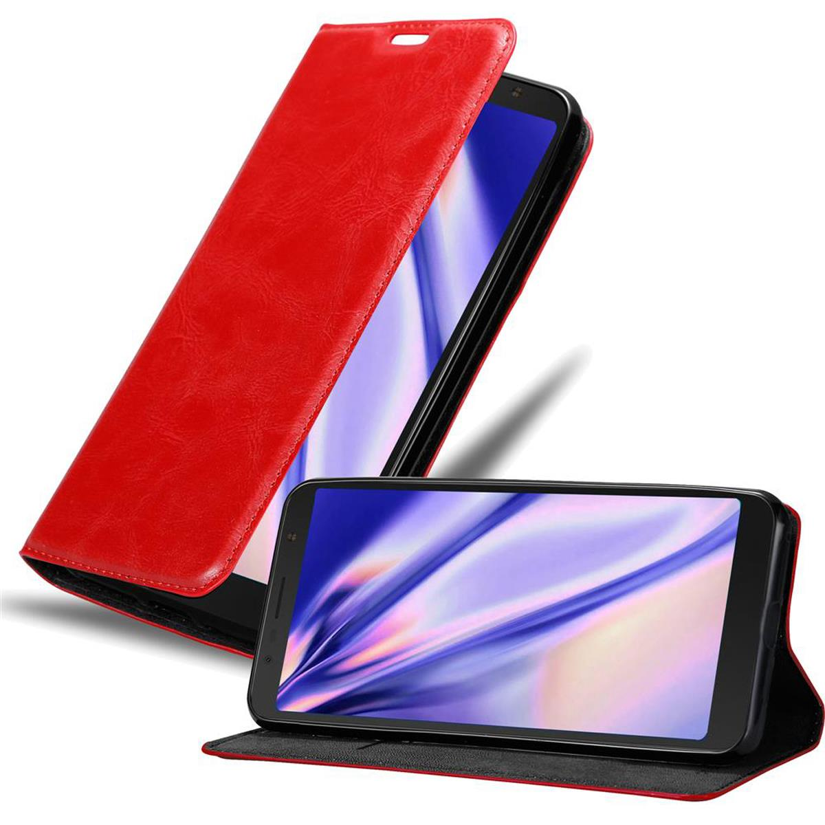 Custodia rossa per telefono aperta, telefono nero all'interno. Un altro telefono è in una custodia sotto.