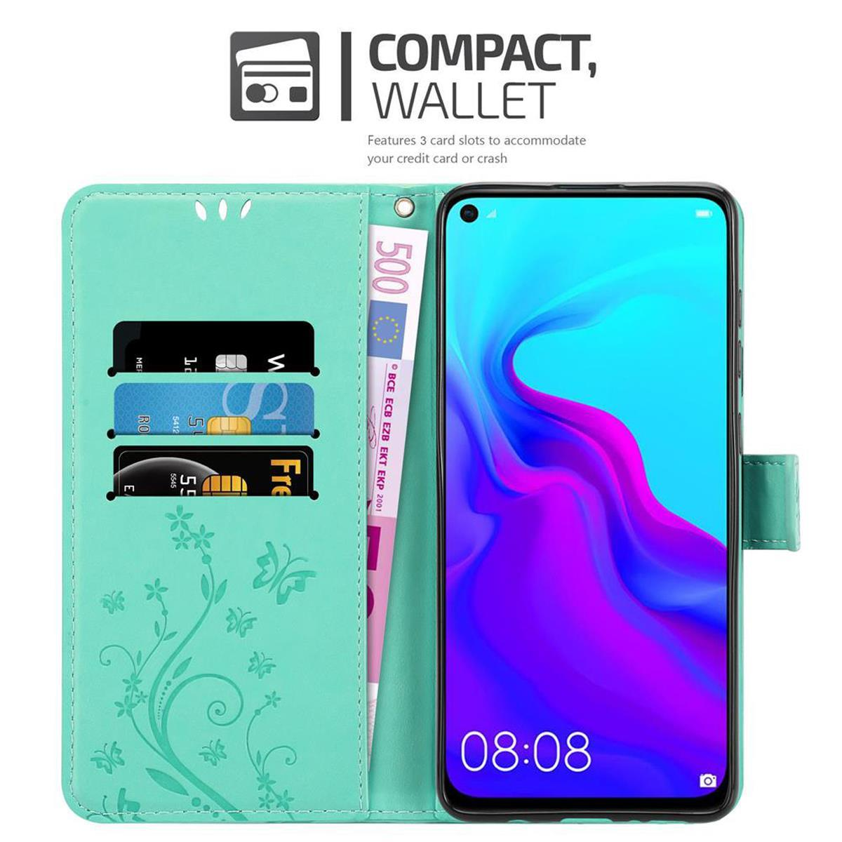 Custodia a portafoglio turchese per telefono con fessure per carte e contanti. Un telefono con schermo blu all'interno.
